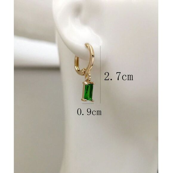 Emerald Cut Amethyst Purple Glass Drop Earrings Dangle Gold Pendant Delicate - Picture 5 of 6